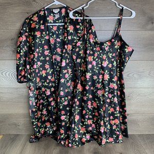 Intimate Moods Satin Night Set Womens L Slip & Cover Chemise Black Red Roses